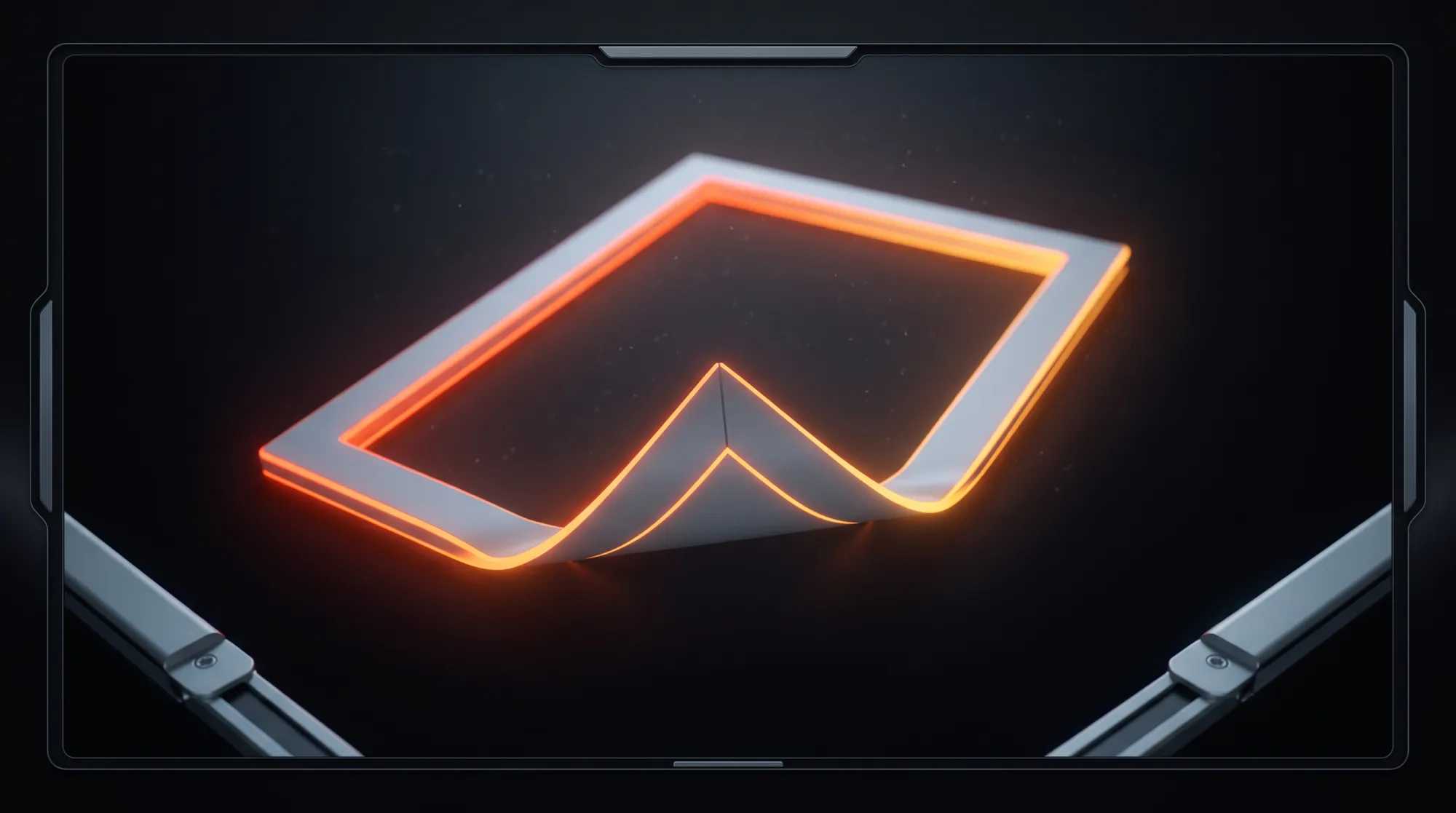 A single glowing frame folding at its center crease into two crisp page-like panels, edged in orange light