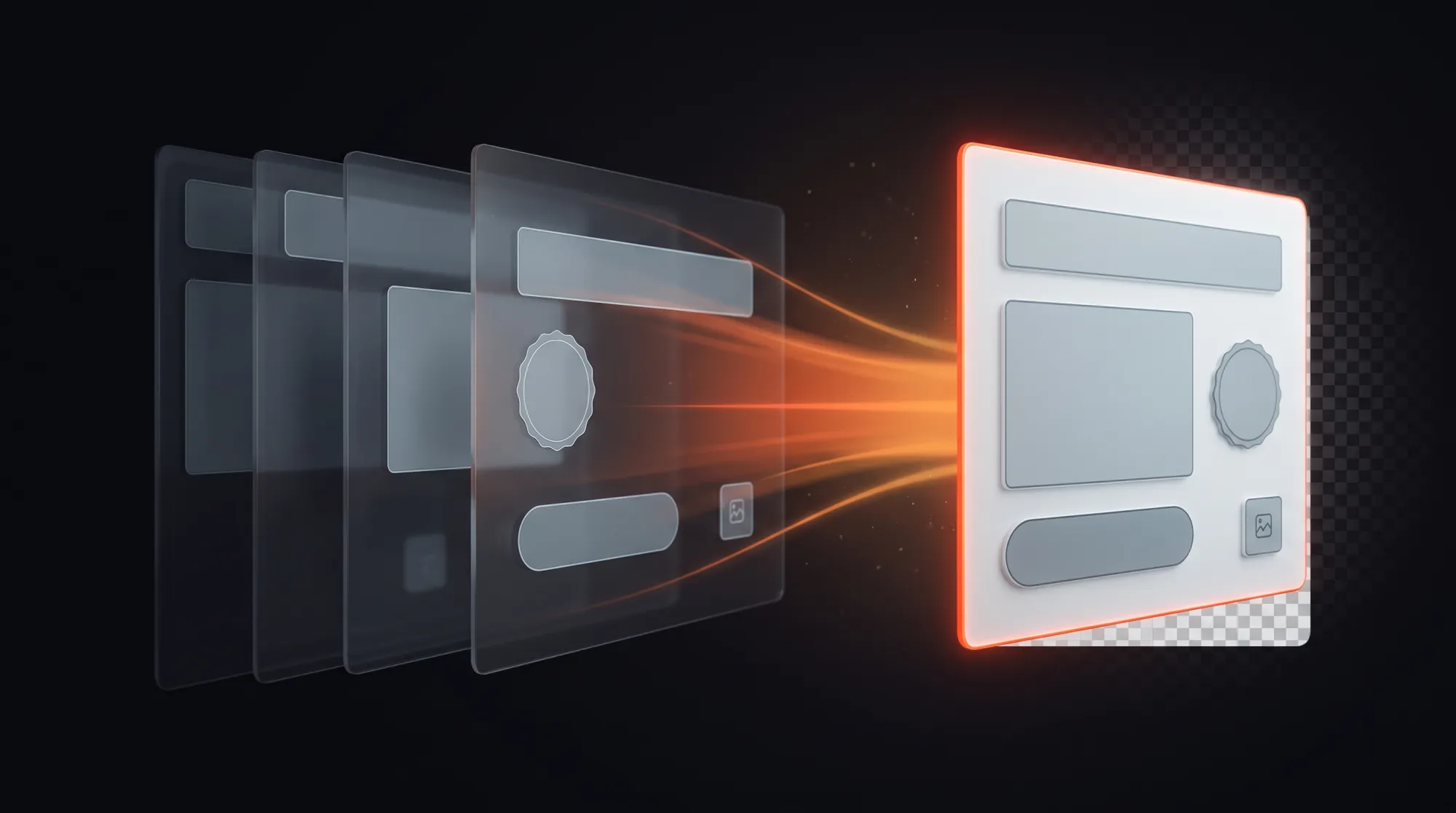 Four translucent design layers merging into a single solid PNG on a transparency checkerboard