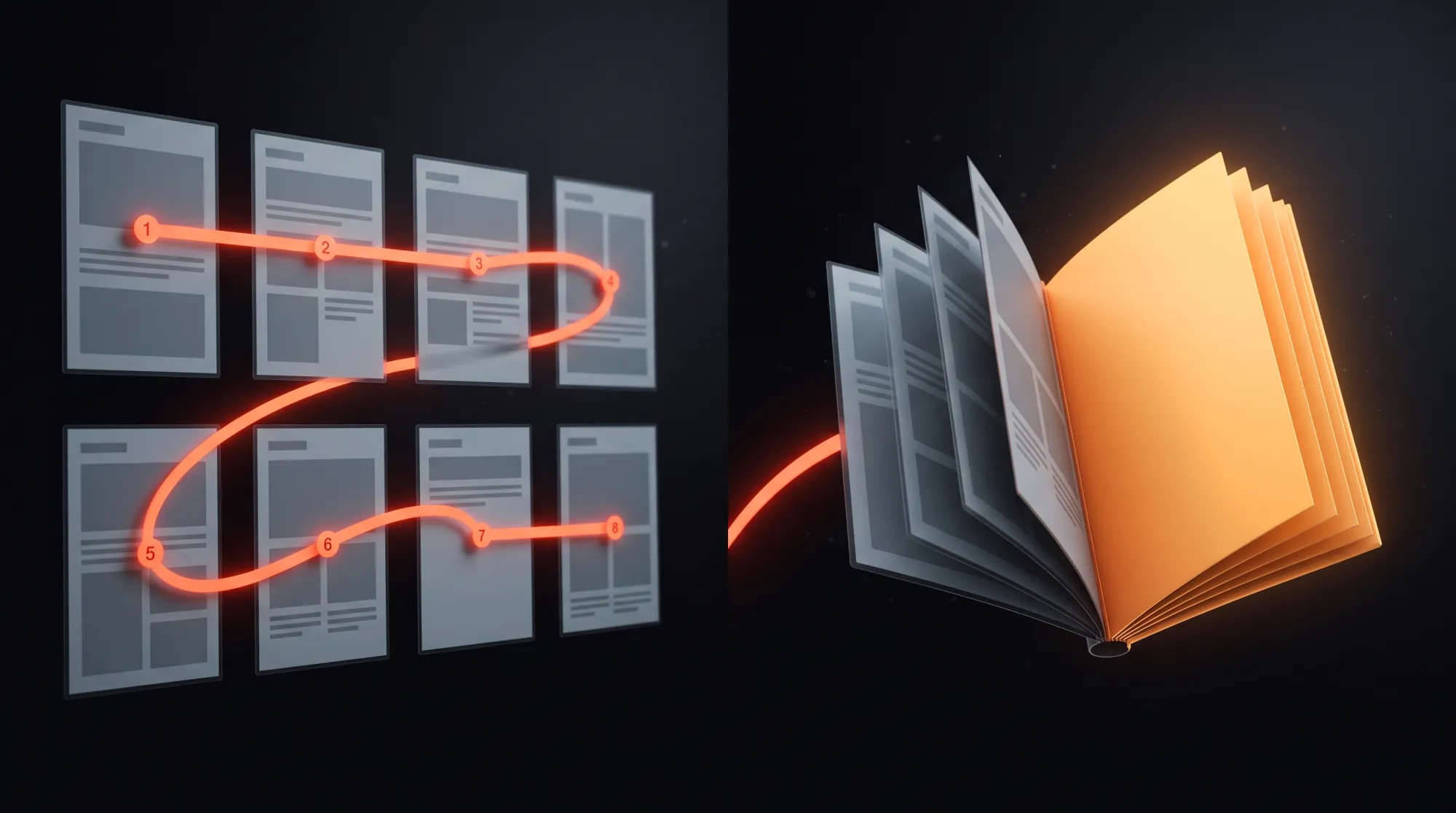 Eight frames on a canvas numbered one to eight along a glowing path, collating into a single multi-page document