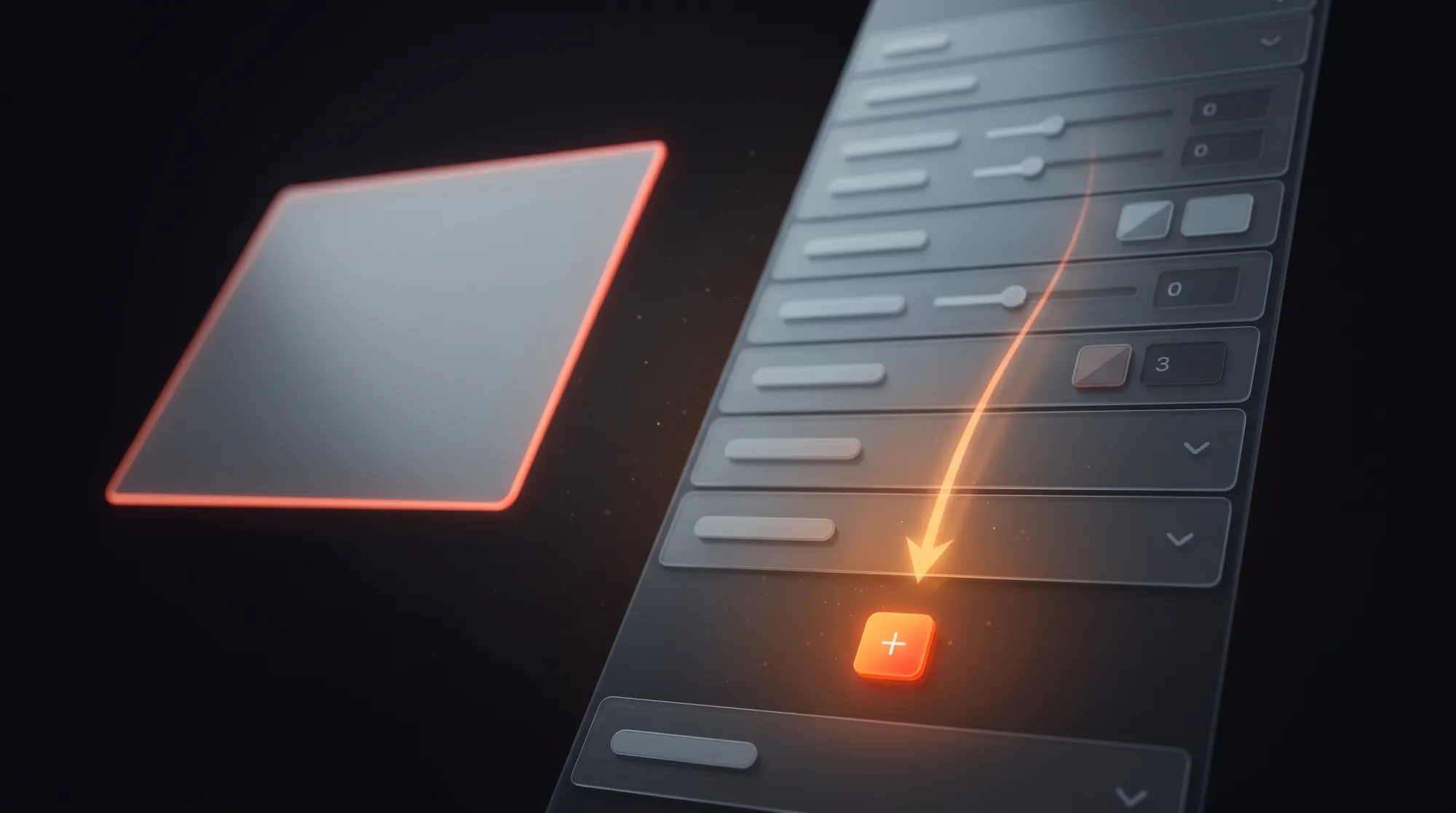 A selected layer beside a design sidebar, with a glowing arrow pointing down to the plus button in the empty Export section
