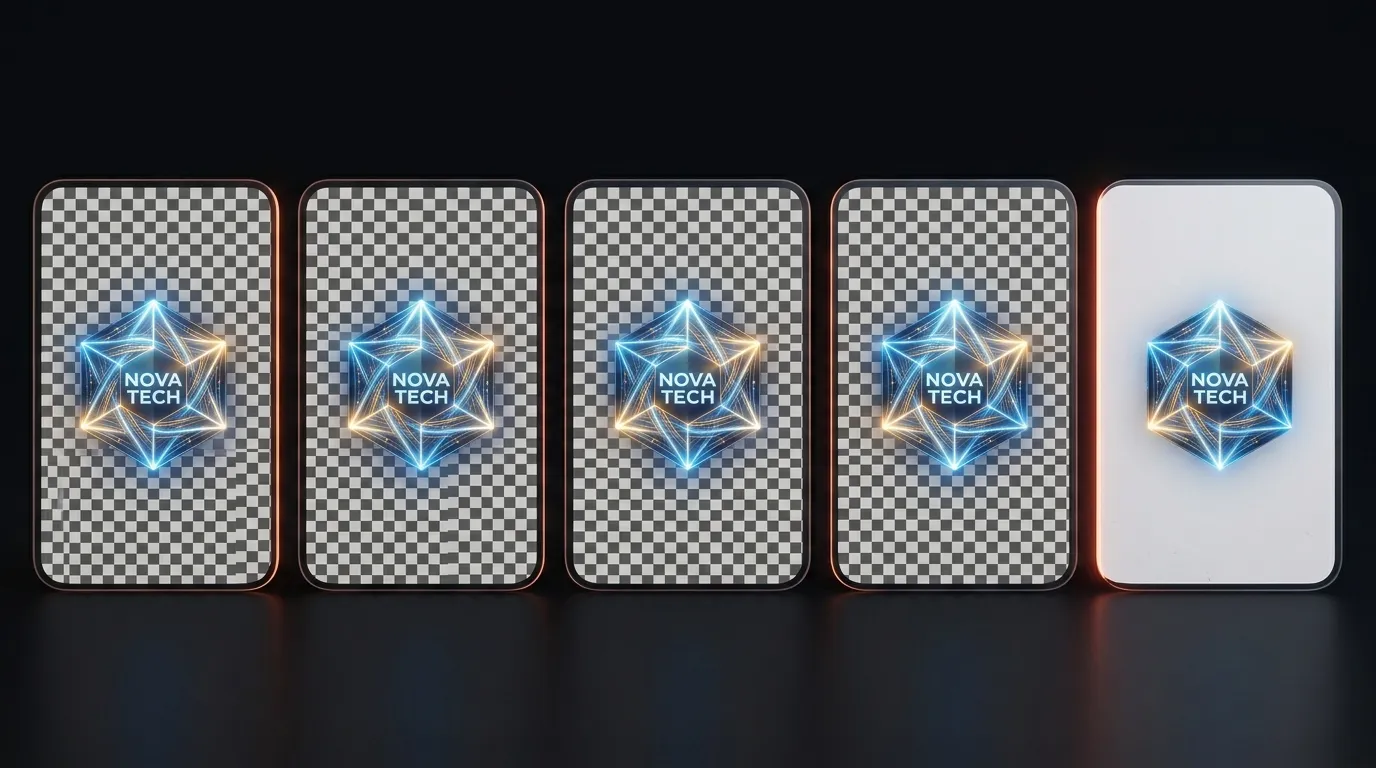 Five identical logos: four sitting on a transparency checkerboard, the fifth on solid white