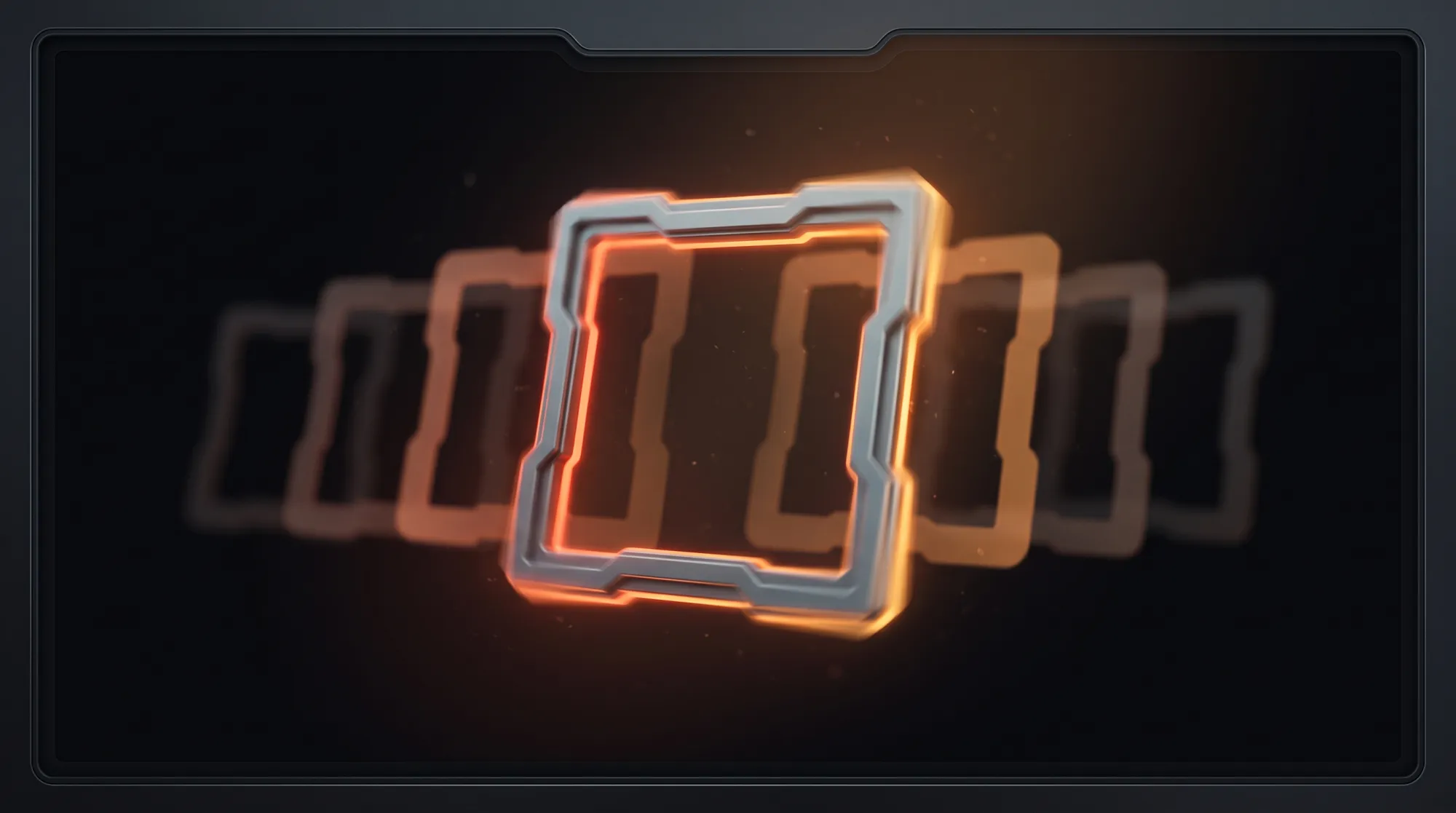A single sharp glowing frame in focus while six faint duplicate silhouettes of it drift out of focus on either side