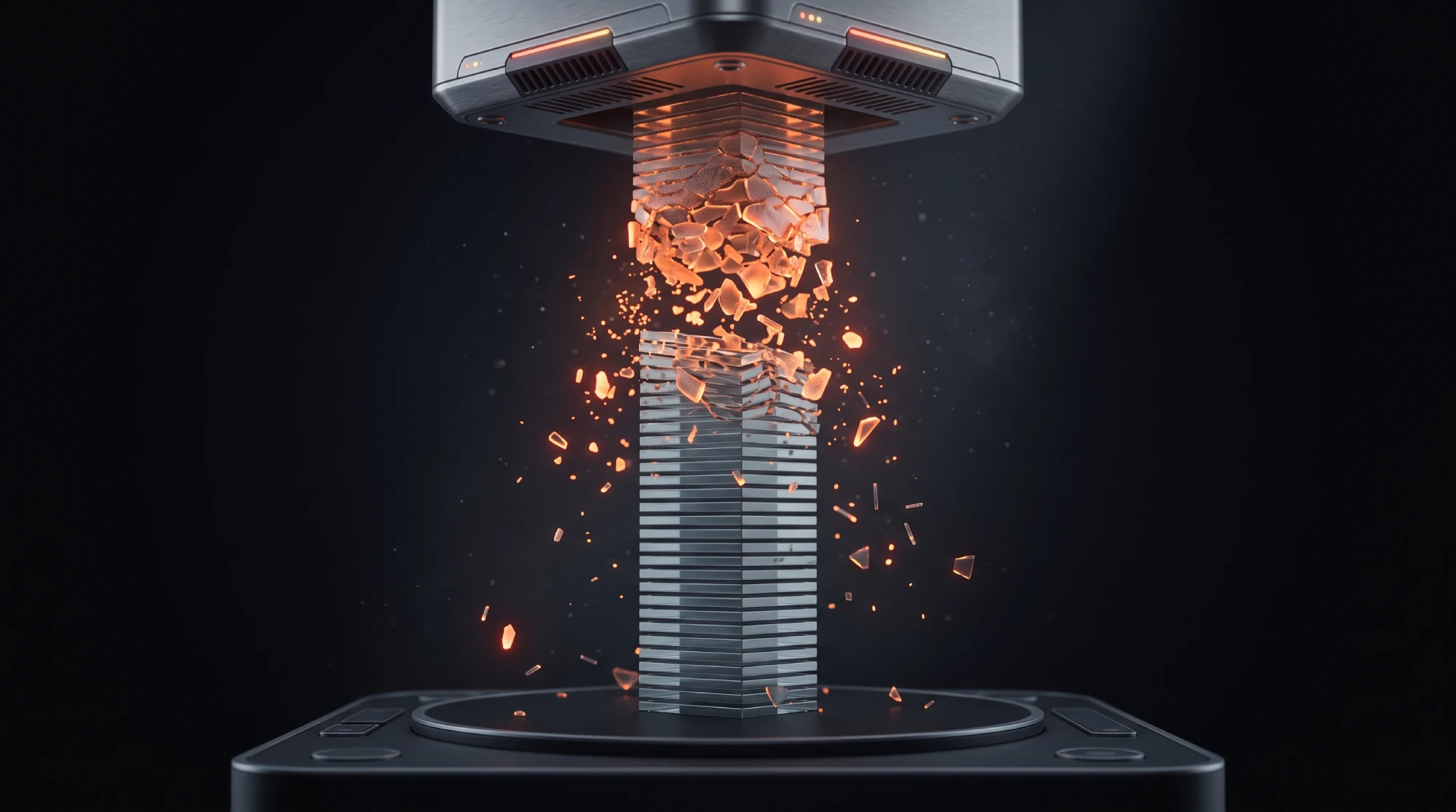 A stack of glass plates under a machine head, the top of the stack disintegrating into glowing embers part-way through processing