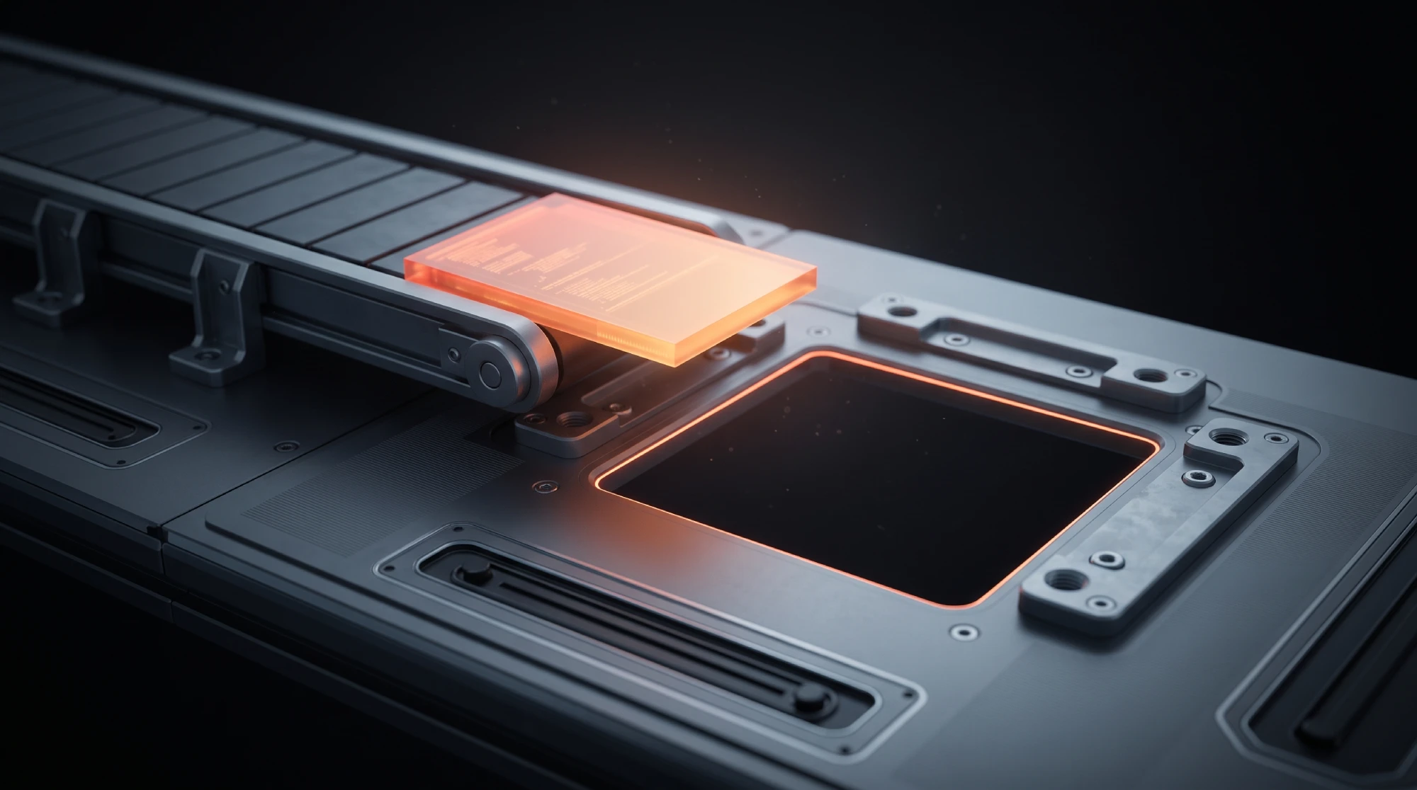 A glowing panel arriving at the end of a conveyor above an empty unlit socket with nothing there to receive it