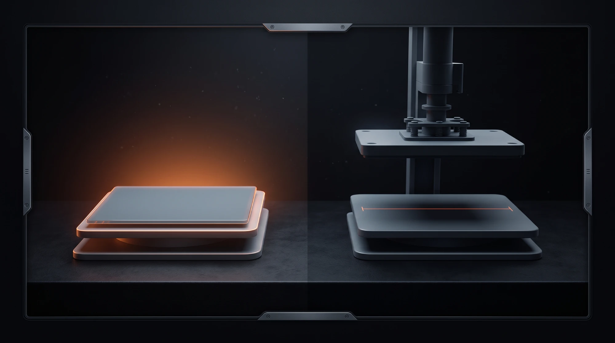 Two platforms in a dark chamber: one holding a finished glowing panel, the other under a descending press that has only scored the surface