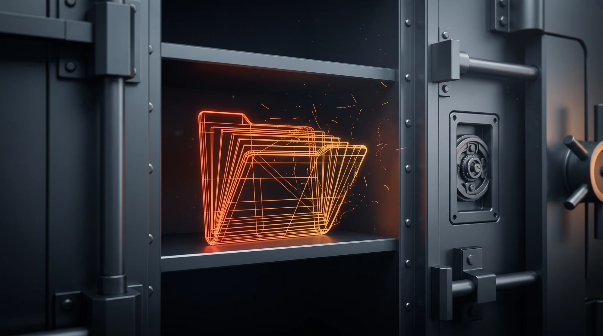 An open vault shelf holding a glowing wireframe folder that never solidifies, its edges dissolving into sparks